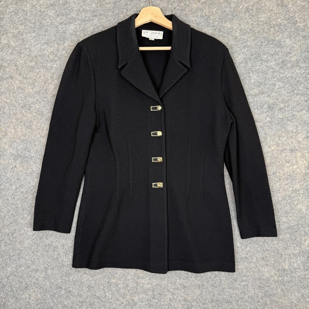 Vintage St John Blazer Coat Suit Jacket Womens 8 Santana Knit Gold Button USA